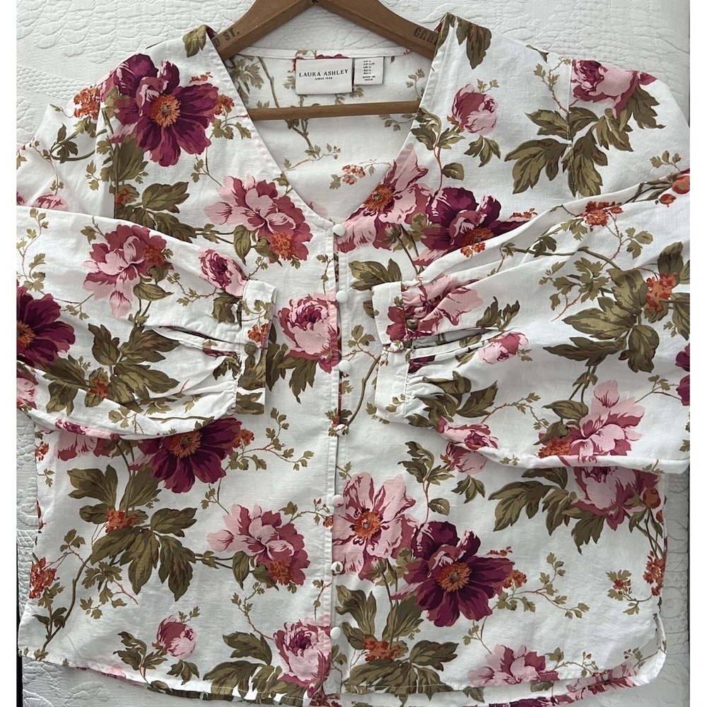 LAURA ASHLEY Floral Cropped Linen Blouse Balloon Sleeves Button Front Large Top